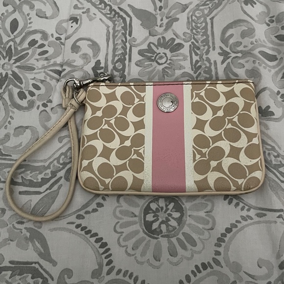 Coach Chelsea Signature Heritage Stripe Pink White Zip Wristlet - Picture 1 of 7